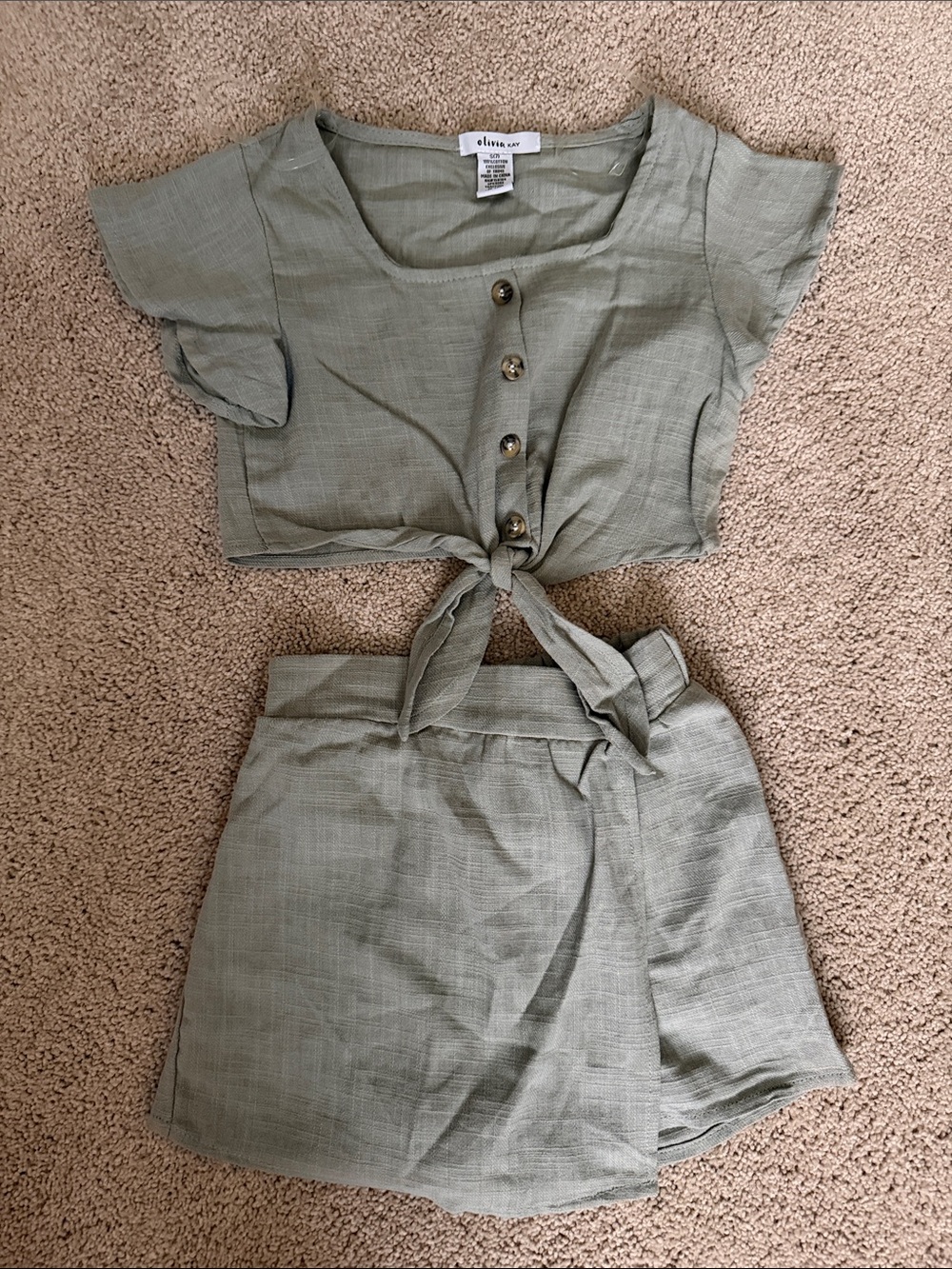 Sage Green Button Tie Crop Top with Matching Skort